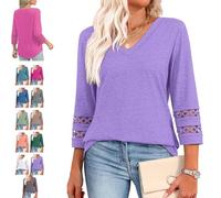 Intensiveput T Shirt, 2025 New Womens 3/4 Length Sleeve Tops Trendy V Neck T Shirts, Curved Hem Hollow Blouses (Purple,XXL)