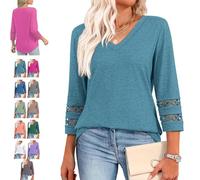Intensiveput T Shirt, 2025 New Womens 3/4 Length Sleeve Tops Trendy V Neck T Shirts, Curved Hem Hollow Blouses (Lake Blue,XL)
