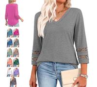 Intensiveput T Shirt, 2025 New Womens 3/4 Length Sleeve Tops Trendy V Neck T Shirts, Curved Hem Hollow Blouses (Gray,L)