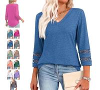 Intensiveput T Shirt, 2025 New Womens 3/4 Length Sleeve Tops Trendy V Neck T Shirts, Curved Hem Hollow Blouses (Blue,S)