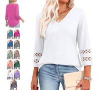 Intensiveput T Shirt, 2025 New Womens 3/4 Length Sleeve Tops Trendy V Neck T Shirts, Curved Hem Hollow Blouses (White,XL)