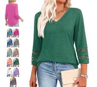 Intensiveput T Shirt, 2025 New Womens 3/4 Length Sleeve Tops Trendy V Neck T Shirts, Curved Hem Hollow Blouses (Dark Green,S)