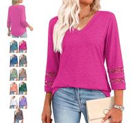 Intensiveput T Shirt, 2025 New Womens 3/4 Length Sleeve Tops Trendy V Neck T Shirts, Curved Hem Hollow Blouses (Hot Pink,3XL)