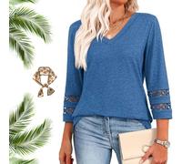 Intensiveput T Shirt, 2025 New Womens 3/4 Length Sleeve Tops Trendy v Neck t Shirts, Women Casual Loose Top (Blue,XL)