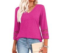 Intensiveput T Shirt, 2025 New Womens 3/4 Length Sleeve Tops Trendy V Neck T Shirts, Women Casual Loose Top (Rose Red,L)