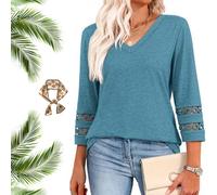 Intensiveput T Shirt, 2025 New Womens 3/4 Length Sleeve Tops Trendy v Neck t Shirts, Women Casual Loose Top (Lake Blue,M)