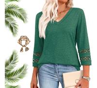 Intensiveput T Shirt, 2025 New Womens 3/4 Length Sleeve Tops Trendy v Neck t Shirts, Women Casual Loose Top (Green,XL)