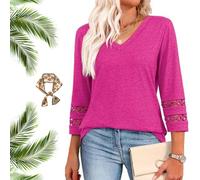 Intensiveput T Shirt, 2025 New Womens 3/4 Length Sleeve Tops Trendy v Neck t Shirts, Women Casual Loose Top (Rose Red,S)