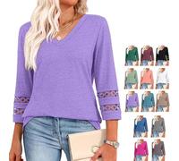 Intensiveput T Shirt, 2025 New Womens 3/4 Length Sleeve Tops V Neck Loose Fit Knit Casual Hollow Blouse