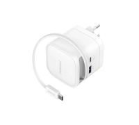 Intenso Power Adapter W65ACIC - Cargador de 65 W USB-C GaN con cable extensible + USB-C y USB-A, PD y PPS, compacto para smartphone y portátil, fuente de alimentación de carga rápida, color blanco