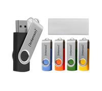 Intenso Basic Line - Lote de 5 Unidades de Memoria USB 2.0 de 16 GB con prácticas Etiquetas para etiquetar, Amarillo, Verde, Negro, Azul y Naranja, con Gancho metálico Plateado