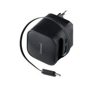 Intenso Power Adapter W65ACIC - Cargador de 65 W USB-C GaN con cable extensible + USB-C y USB-A, PD y PPS, compacto para smartphone y portátil, fuente de alimentación de carga rápida, color negro