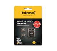 Intenso Tarjeta de Memoria microSDHC de Clase 10 UHS-I, 2 x 32 GB, Incluye Adaptador SD (hasta 90 MB/s), Color Negro