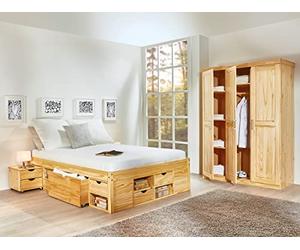 Inter Link - Cama doble - Multifunción - Cama con almacenaje - Cama funcional - Con mesillas - 6 cajones - 8 nichos - Madera maciza - Con 2 somieres - Nature - Claas 180 x 200 cm