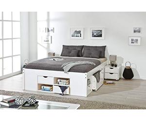 Inter Link - Cama doble - Multifunción - Cama con almacenaje - Cama funcional - Con mesillas - 6 cajones - 8 nichos - Madera maciza - Con 2 somieres - Barnizado blanco - Till 160 x 200 cm