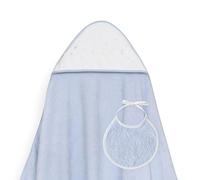 Interbaby - Capa de Baño Bebe Azul + Babero | Toalla Bebe con Capucha 100% Algodón, 100x100cm, Unisex | Suave, Cómoda, Ideal Recién Nacidos, Bebes y Niños Pequeños | Diseño Estrellas Lunas Bodoques