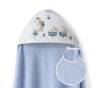 Interbaby - Capa de Baño Bebe Azul + Babero | Toalla Bebe con Capucha 100% Algodón, 100x100cm, Unisex | Suave, Cómoda, Ideal Recién Nacidos, Bebes y Niños Pequeños | Diseño Jirafa Bicicleta