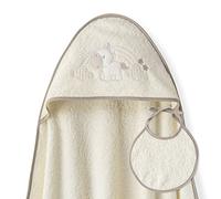 Interbaby - Capa de Baño Bebe Beige + Babero | Toalla Bebe con Capucha 100% Algodón, 100x100cm, Unisex | Suave, Cómoda, Ideal Recién Nacidos, Bebes y Niños Pequeños | Diseño Unicornio Nubes
