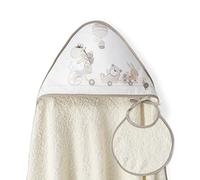 Interbaby - Capa de Baño Bebe Beige + Babero | Toalla Bebe con Capucha 100% Algodón, 100x100cm, Unisex | Suave, Cómoda, Ideal Recién Nacidos, Bebes y Niños Pequeños | Diseño Jirafa Bicicleta