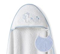 Interbaby - Capa de Baño Bebe Blanco/Azul + Babero | Toalla Bebe con Capucha 100% Algodón, 100x100cm, Unisex | Suave, Cómoda, Ideal Recién Nacidos, Bebes y Niños Pequeños | Diseño Unicornio Nubes