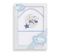 Interbaby - Capa de Baño Bebe Blanco/Azul | Toalla Bebe con Capucha 100% Algodón, 100x100cm, Unisex | Suave, Cómoda, Secado Rápido | Ideal Recién Nacidos, Bebes y Niños Pequeños | Diseño Osito Amoroso
