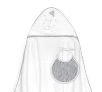 Interbaby - Capa de Baño Bebe Blanco/Gris + Babero | Toalla Bebe con Capucha 100% Algodón, 100x100cm, Unisex | Suave, Cómoda, Ideal Recién Nacidos, Bebes y Niños Pequeños | Diseño Globo Corazón