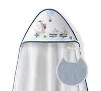 Interbaby - Capa de Baño Bebe Blanco/Petroleo + Babero | Toalla Bebe con Capucha 100% Algodón, 100x100cm, Unisex | Suave, Cómoda, Ideal Recién Nacidos, Bebes y Niños Pequeños | Diseño Jirafa Bicicleta