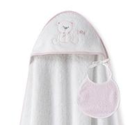Interbaby - Capa de Baño Bebe Blanco/Rosa + Babero | Toalla Bebe con Capucha 100% Algodón, 100x100cm, Unisex | Suave, Cómoda, Ideal Recién Nacidos, Bebes y Niños Pequeños | Diseño Oso Lazo