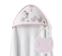 Interbaby - Capa de Baño Bebe Blanco/Rosa + Babero | Toalla Bebe con Capucha 100% Algodón, 100x100cm, Unisex | Suave, Cómoda, Ideal Recién Nacidos, Bebes y Niños Pequeños | Diseño Jirafa Bicicleta