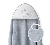 Interbaby - Capa de Baño Bebe Gris + Babero | Toalla Bebe con Capucha 100% Algodón, 100x100cm, Unisex | Suave, Cómoda, Ideal Recién Nacidos, Bebes y Niños Pequeños | Diseño Unicornio Nubes