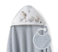 Interbaby - Capa de Baño Bebe Gris + Babero | Toalla Bebe con Capucha 100% Algodón, 100x100cm, Unisex | Suave, Cómoda, Ideal Recién Nacidos, Bebes y Niños Pequeños | Diseño Jirafa Bicicleta