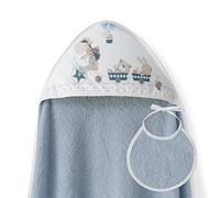 Interbaby - Capa de Baño Bebe Petroleo + Babero | Toalla Bebe con Capucha 100% Algodón, 100x100cm, Unisex | Suave, Cómoda, Ideal Recién Nacidos, Bebes y Niños Pequeños | Diseño Jirafa Bicicleta