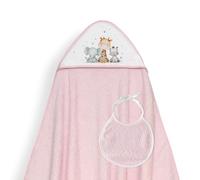 Interbaby - Capa de Baño Bebe Rosa + Babero | Toalla Bebe con Capucha 100% Algodón, 100x100cm, Unisex | Suave, Cómoda, Ideal Recién Nacidos, Bebes y Niños Pequeños | Diseño Jirafa Elefante Estampado