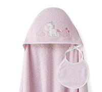 Interbaby - Capa de Baño Bebe Rosa + Babero | Toalla Bebe con Capucha 100% Algodón, 100x100cm, Unisex | Suave, Cómoda, Ideal Recién Nacidos, Bebes y Niños Pequeños | Diseño Unicornio Nubes