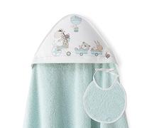 Interbaby - Capa de Baño Bebe Verde + Babero | Toalla Bebe con Capucha 100% Algodón, 100x100cm, Unisex | Suave, Cómoda, Ideal Recién Nacidos, Bebes y Niños Pequeños | Diseño Jirafa Bicicleta