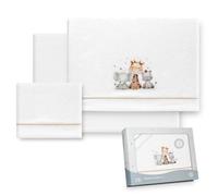 Interbaby - Juego Sabanas Carrito Bebe 40x80 Poliester 100% | Sabana Cuna Coralina, Cálida | Incluye Sabana Bajera, Encimera y Funda de Almohada | Ideal para Invierno | Jirafa Elefante Blanco/Beige