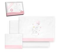Interbaby - Juego Sabanas Cuna 60x120 Algodon 100% | Sabana Cuna Franela, Cálida, Suave | Incluye Sabana Bajera, Encimera y Funda de Almohada | Ideal para Invierno | Elefante Globo Corazón Blanco/Rosa