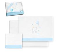 Interbaby - Juego Sabanas Cuna 60x120 Algodon 100% | Sabana Cuna Franela, Cálida, Suave | Incluye Sabana Bajera, Encimera y Funda de Almohada | Ideal para Invierno | Elefante Globo Corazón Blanco/Azul