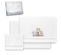 Interbaby - Juego Sabanas Cuna 60x120 Poliester 100% | Sabana Cuna Coralina, Cálida | Incluye Sabana Bajera, Encimera y Funda de Almohada | Ideal para Invierno | Jirafa Elefante Blanco/Rosa