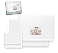 Interbaby - Juego Sabanas Cuna 60x120 Poliester 100% | Sabana Cuna Coralina, Cálida | Incluye Sabana Bajera, Encimera y Funda de Almohada | Ideal para Invierno | Jirafa Elefante Blanco/Azul