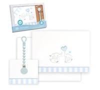 Interbaby - Juego Sabanas Cuna Bebe 60x120 Algodon 100% + Chupetero Silicona Blanco/Azul | Sabanas Cuna | Incluye Sabana Bajera, Encimera y Funda de Almohada | Primavera, Verano | Parejita Elefante