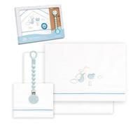 Interbaby - Juego Sabanas Cuna Bebe 60x120 Algodon 100% + Chupetero Silicona Blanco/Azul | Sabanas Cuna | Incluye Sabana Bajera, Encimera y Funda de Almohada | Primavera, Verano | Cigüeña Oso
