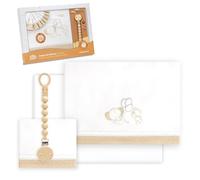 Interbaby - Juego Sabanas Cuna Bebe 60x120 Algodon 100% + Chupetero Silicona Blanco/Beig | Sabanas Cuna | Bajera, Encimera y Funda de Almohada | Primavera, Verano | Pasacinta Oso Elefante Globos