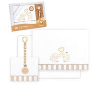 Interbaby - Juego Sabanas Cuna Bebe 60x120 Algodon 100% + Chupetero Silicona Blanco/Beig | Sabanas Cuna | Incluye Sabana Bajera, Encimera y Funda de Almohada | Primavera, Verano | Parejita Elefante