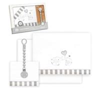 Interbaby - Juego Sabanas Cuna Bebe 60x120 Algodon 100% + Chupetero Silicona Blanco/Gris | Sabanas Cuna | Incluye Sabana Bajera, Encimera y Funda de Almohada | Primavera, Verano | Parejita Elefante