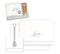 Interbaby - Juego Sabanas Cuna Bebe 60x120 Algodon 100% + Chupetero Silicona Blanco/Gris | Sabanas Cuna | Incluye Sabana Bajera, Encimera y Funda de Almohada | Primavera, Verano | Cigüeña Oso