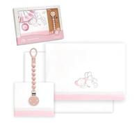 Interbaby - Juego Sabanas Cuna Bebe 60x120 Algodon 100% + Chupetero Silicona Blanco/Rosa | Sabanas Cuna | Bajera, Encimera y Funda de Almohada | Primavera, Verano | Pasacinta Oso Elefante Globos