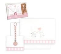 Interbaby - Juego Sabanas Cuna Bebe 60x120 Algodon 100% + Chupetero Silicona Blanco/Rosa | Sabanas Cuna | Incluye Sabana Bajera, Encimera y Funda de Almohada | Primavera, Verano | Parejita Elefante