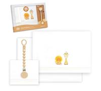 Interbaby - Juego Sabanas Cuna Bebe 60x120 Algodon 100% + Chupetero Silicona Blanco | Sabanas Cuna | Sabana Bajera, Encimera y Funda de Almohada | Primavera, Verano | Leon Jirafa Pajarito