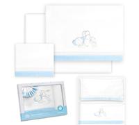Interbaby - Juego Sabanas Minicuna 50x80 Algodon 100% | Sabanas Cuna Bebe | Incluye Sabana Bajera, Encimera y Funda de Almohada | Ideal Primavera, Verano | Pasacinta Oso Elefante Globos Blanco/Azul